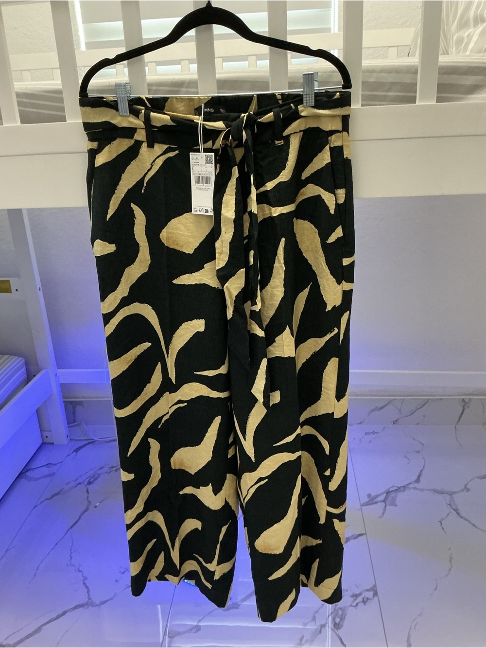 Mango Black and Beige Abstract Print Tie-Waist Pants
